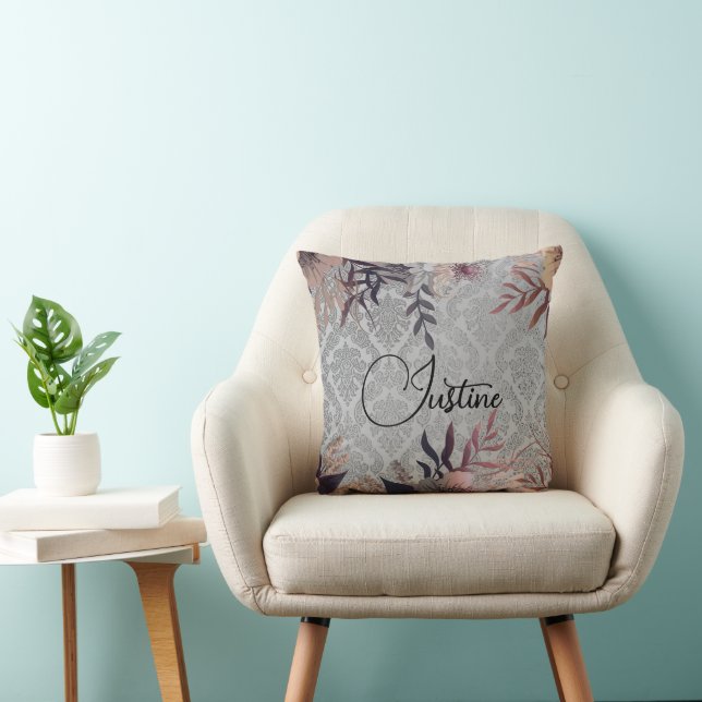 Chic Floral Elegant Silver Damask Personalized  Throw Pillow (Chair)