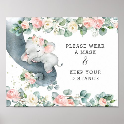 Chic Floral Elephant Wear A Mask Keep Distance Poster