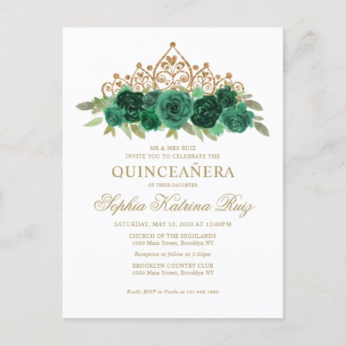 Chic Floral Emerald Green Gold Tiara Quinceaera Postcard