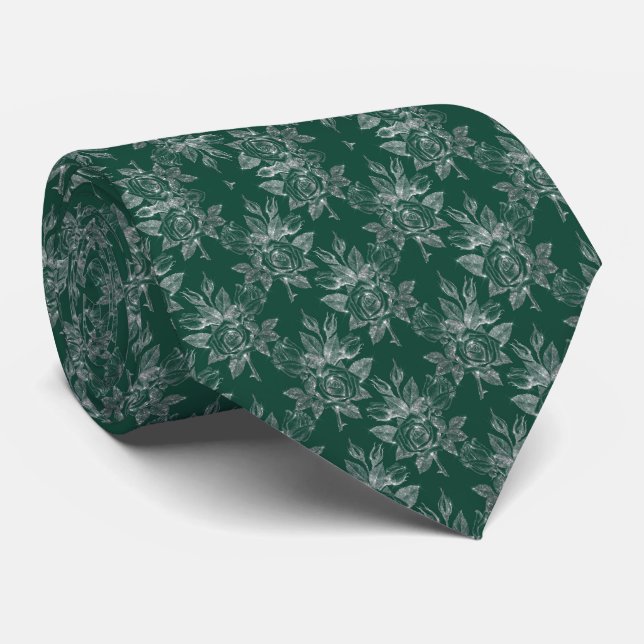 Chic Floral Emerald Silver Wedding Neck Tie (Rolled)