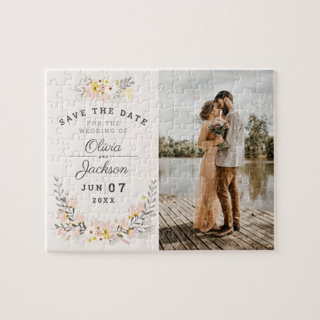 chic floral engagement photo save the date jigsaw puzzle (Horizontal)