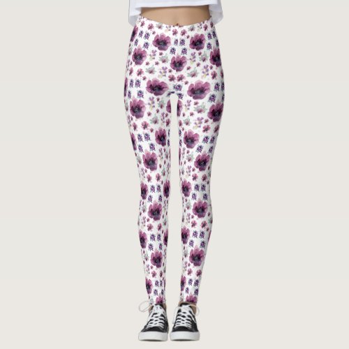 chic floral foliage purple blooming flowers leggings