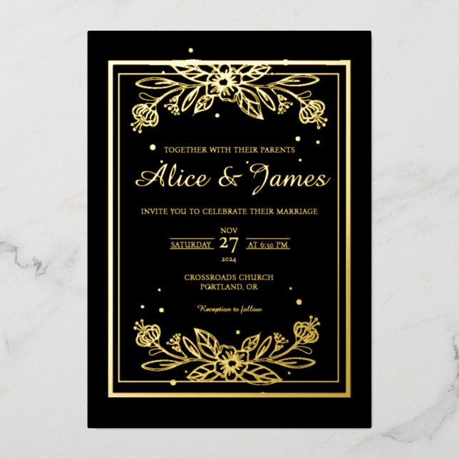 Chic Floral Frame Elegant Black Gold Foil Wedding Invitation (Front)