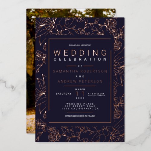 Chic floral frame navy blue elegant wedding photo foil invitation