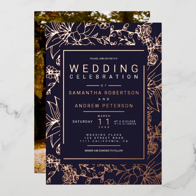 Chic floral frame navy blue elegant wedding photo foil invitation | Zazzle