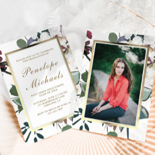 Chic Floral Frame Photo Graduation Party Invitation