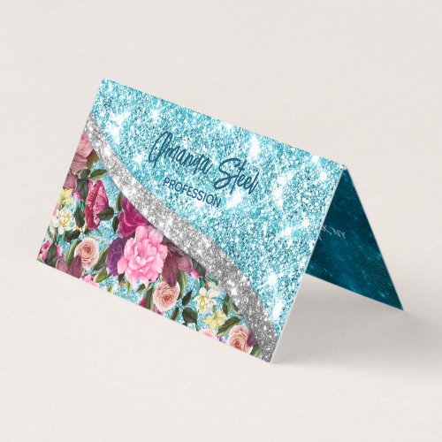 Chic floral glittery aqua purple silver monogram business card