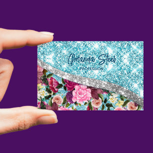 Chic floral glittery aqua purple silver monogram business card magnet