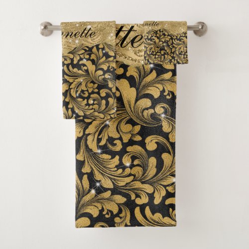 Chic Floral glittery Faux Black Gold Monogram Bath Towel Set