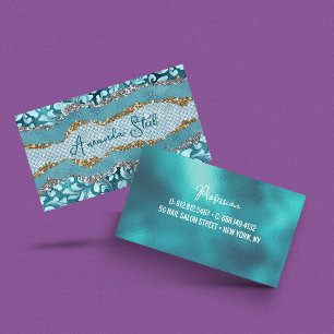 Chic floral glittery gold Turquoise teal monogram Business Card