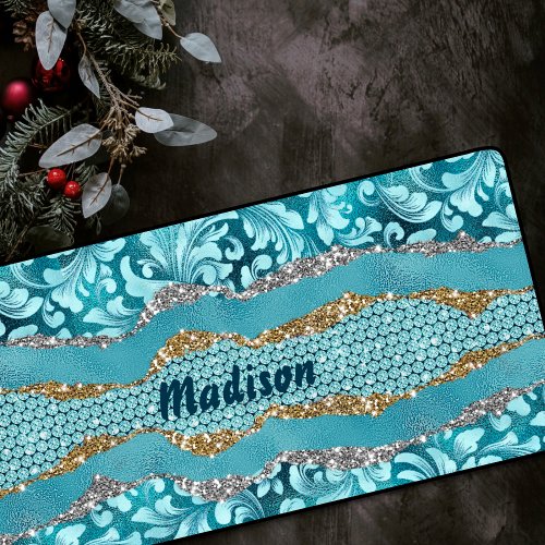 Chic floral glittery gold Turquoise teal monogram Desk Mat