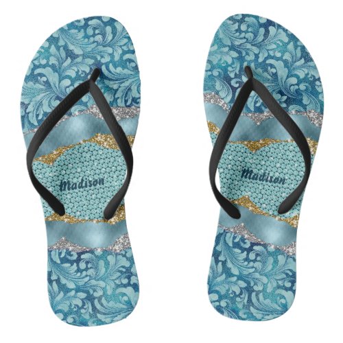 Chic floral glittery gold Turquoise teal monogram Flip Flops