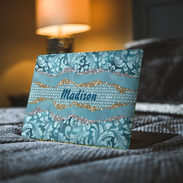 Chic floral glittery gold Turquoise teal monogram HP Laptop Skin (Creator Uploaded)