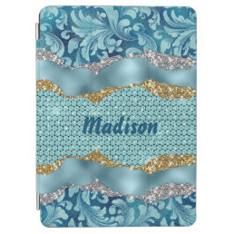Chic floral glittery gold Turquoise teal monogram iPad Air Cover