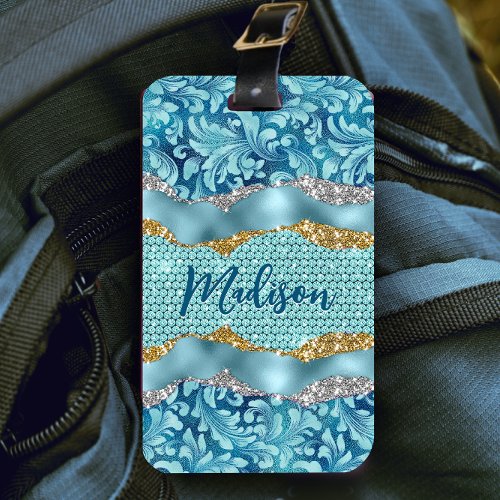 Chic floral glittery gold Turquoise teal monogram Luggage Tag