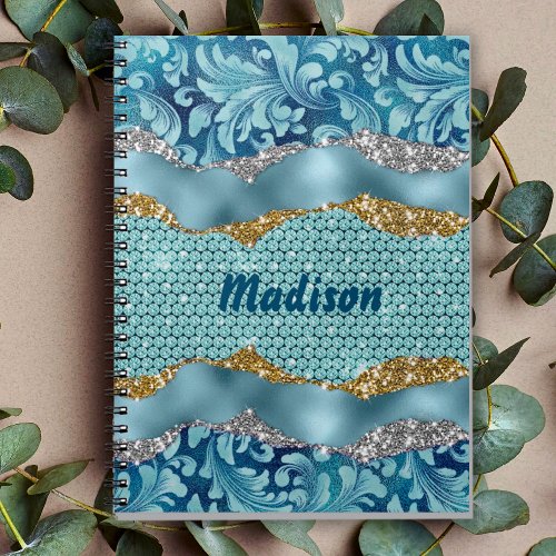 Chic floral glittery gold Turquoise teal monogram Notebook