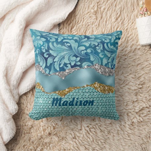 Chic floral glittery gold Turquoise teal monogram Throw Pillow