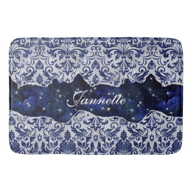 Chic floral glittery Navy Blue Silver Monogram Bath Mat (Front)