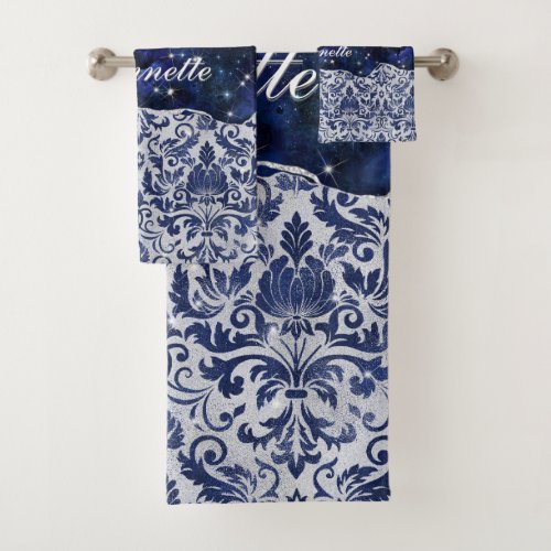 Chic floral glittery Navy Blue Silver Monogram Bath Towel Set