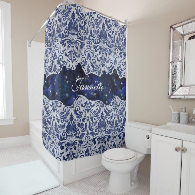 Chic floral glittery Navy Blue Silver Monogram Shower Curtain (In Situ)