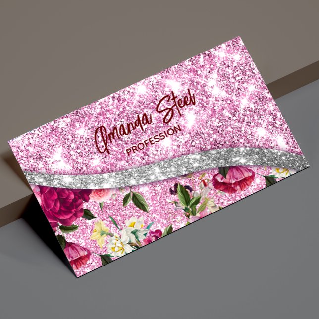 Chic floral glittery Purple pink silver monogram Business Card Magnet (Creator Uploaded)