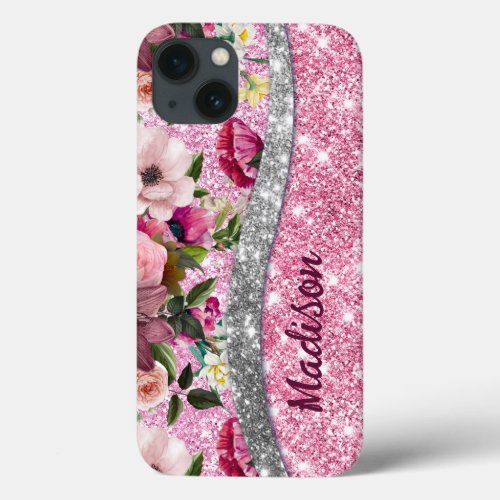 Chic floral glittery Purple pink silver monogram  iPhone 13 Case