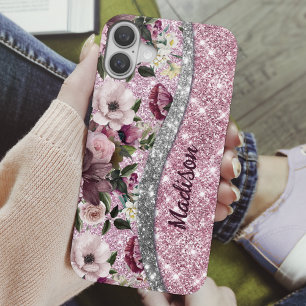Chic floral glittery Purple pink silver monogram iPhone 16 Case
