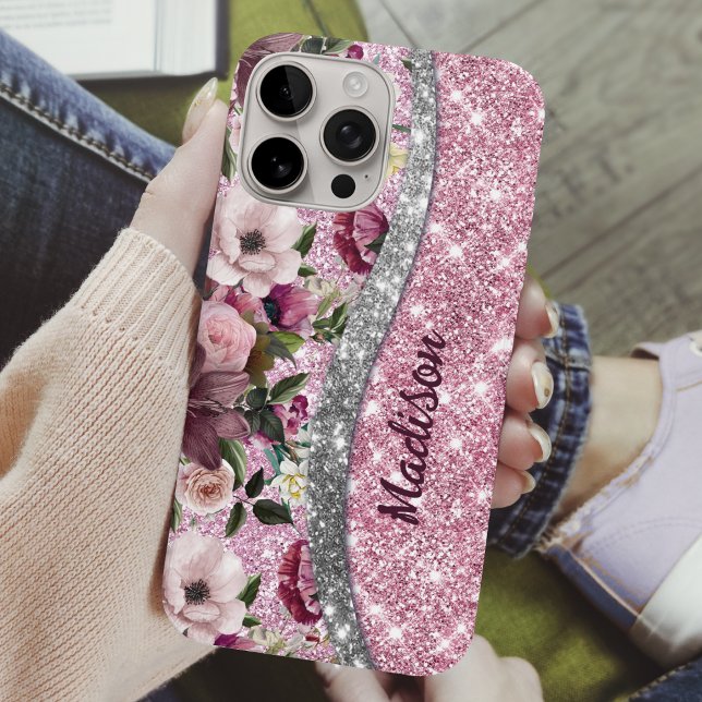 Chic floral glittery Purple pink silver monogram  Case-Mate iPhone Case (Creator Uploaded)