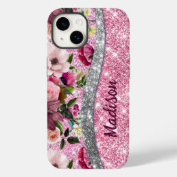 Chic floral glittery Purple pink silver monogram  Case-Mate iPhone 14 Case