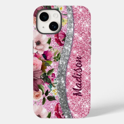 Chic floral glittery Purple pink silver monogram  Case_Mate iPhone 14 Case