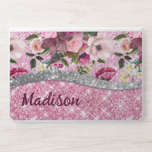 Chic floral glittery Purple pink silver monogram HP Laptop Skin