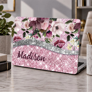 Chic floral glittery Purple pink silver monogram HP Laptop Skin