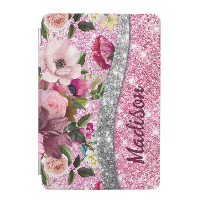 Chic floral glittery Purple pink silver monogram i iPad Mini Cover (Front)