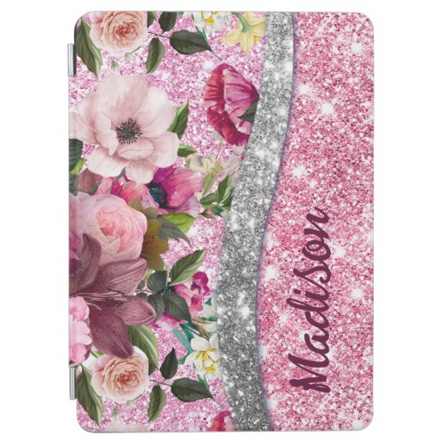 Chic floral glittery Purple pink silver monogram iPad Air Cover