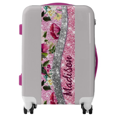 Chic floral glittery Purple pink silver monogram Luggage