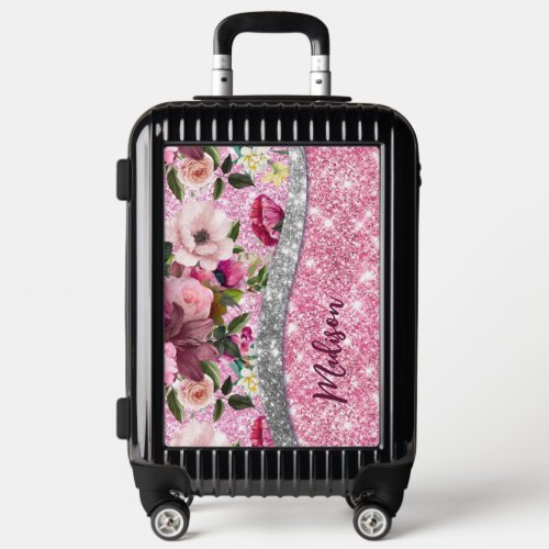 Chic floral glittery Purple pink silver monogram Luggage