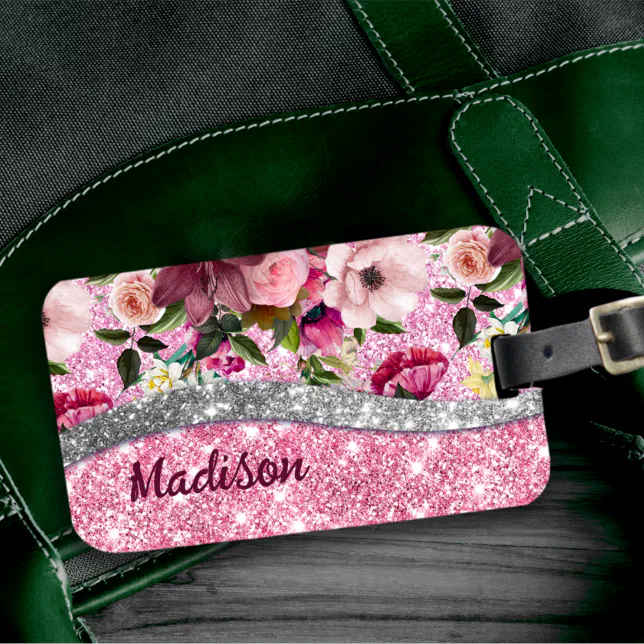 Chic floral glittery Purple pink silver monogram Luggage Tag (Creator Uploaded)