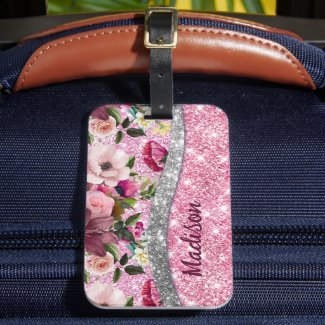 Chic floral glittery Purple pink silver monogram