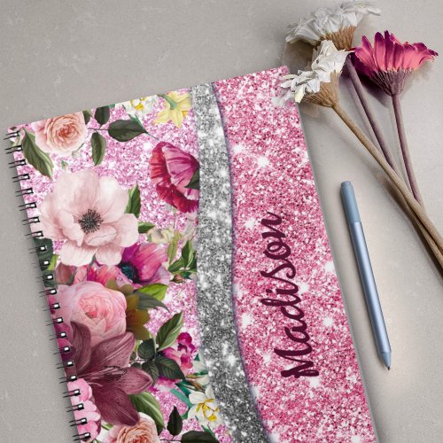 Chic floral glittery Purple pink silver monogram Notebook