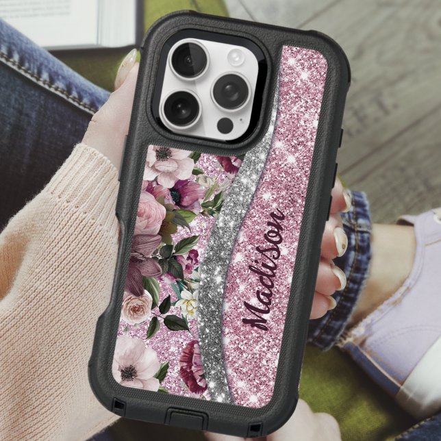 Chic floral glittery Purple pink silver monogram  Otterbox iPhone Case (Creator Uploaded)