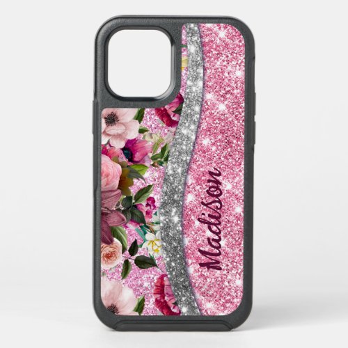 Chic floral glittery Purple pink silver monogram OtterBox Symmetry iPhone 12 Pro Case