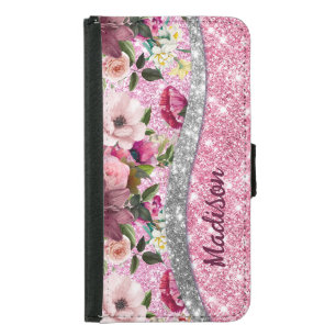 Chic floral glittery Purple pink silver monogram Samsung Galaxy S5 Wallet Case