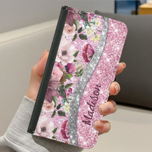 Chic floral glittery Purple pink silver monogram Samsung Galaxy S5 Wallet Case
