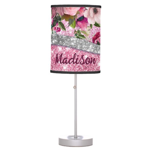 Chic floral glittery Purple pink silver monogram Table Lamp