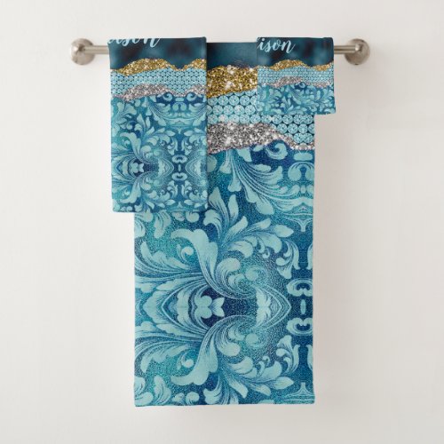 Chic floral glittery Teal Turquoise gold monogram Bath Towel Set