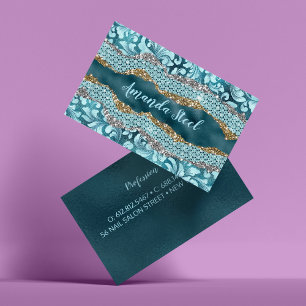 Chic floral glittery Teal Turquoise gold monogram Business Card
