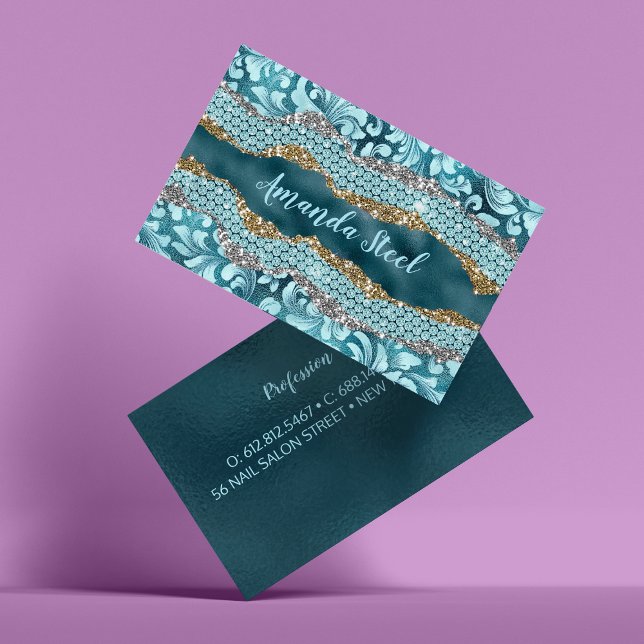 Chic floral glittery Teal Turquoise gold monogram Business Card (Creator Uploaded)