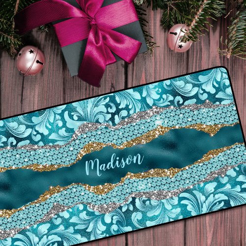 Chic floral glittery Teal Turquoise gold monogram Desk Mat