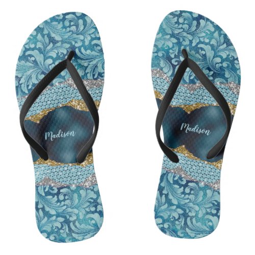 Chic floral glittery Teal Turquoise gold monogram  Flip Flops