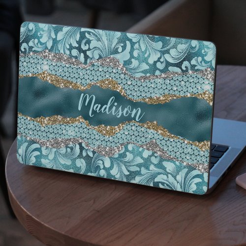 Chic floral glittery Teal Turquoise gold monogram HP Laptop Skin